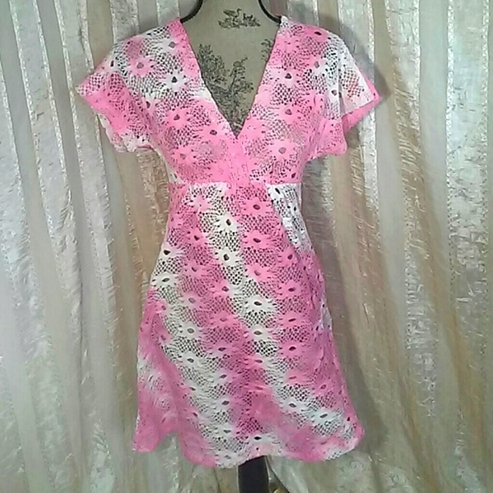 Banana Split Pink Tie Dye Crochet Swim Cover up Dress